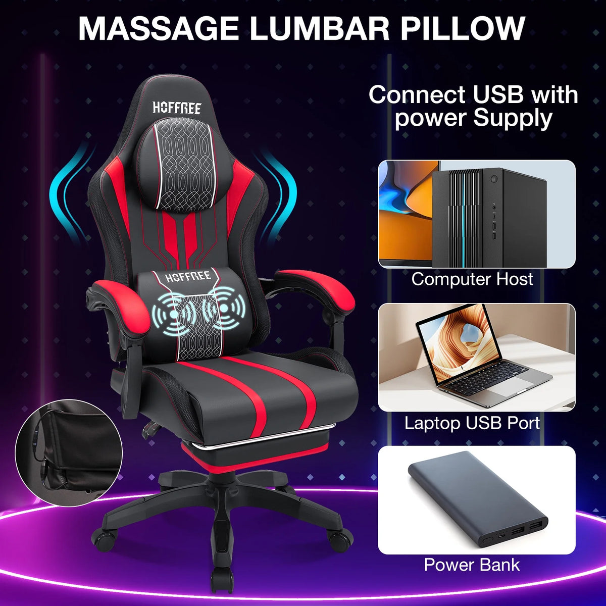 HOFFREE Big and Tall Gaming Chair with Speakers and RGB Lights, Gamer Chair with Footrest, Lumbar Support Height Adjustable 360-Swivel Seat and Headrest for Adults, 400lbs