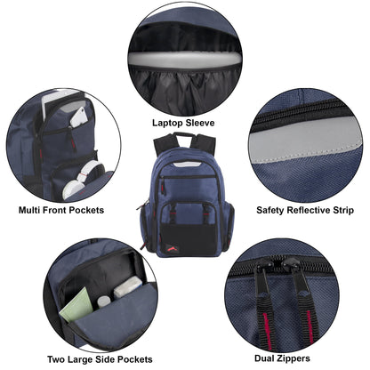 24 Pack of Bulk Wholesale Heavy Duty, Reflective, Dual Compartment, Multi-Pocket, Laptop Backpacks for Work, School, College, Classrooms, Charity and Homeless Donation in Male Colors Pack