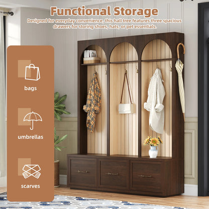 Euroco Farmhouse Wooden Style Hall Tree with Arched Design, Elegant 59" Wide Entryway Bench with 8 Retro Hooks, Rustic Coat Rack & Shoe Organizer with 3 Drawers for Mudroom, Living Room, Dark Walnut