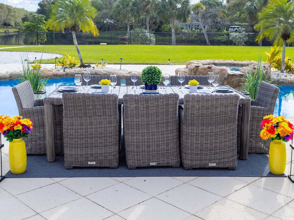 Malmo 18-Piece Resin Wicker Outdoor Patio Furniture Combination Set in Gray w/Sectional Set, Eight-seat Dining Set, and Chaise Lounge Set (Full-Round Gray Wicker, Polyester Light Gray)