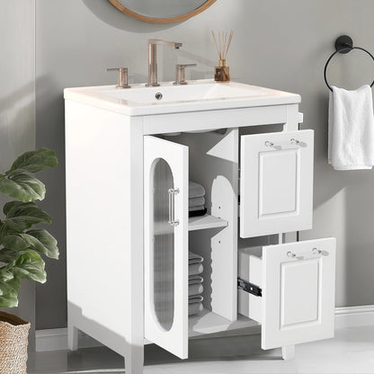Soges 24" Bathroom Vanity with Ceramic Sink, Solid Wood Bathroom Makeup Cabinet with Door, Adjustable Shelf and 2 Drawer, Free Standing Single Basin Vanity Set for Small Bathroom, White