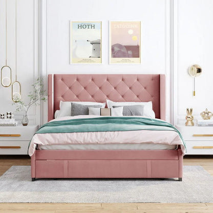 Queen Bed Frame with Storage Drawer, Velvet Upholstered Storage Bed, Wood Platform Bed Frame with Wingback Headboard and a Big Drawer(Beige)