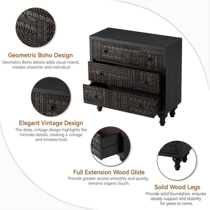 COZAYH 3 Drawer Farmhouse Dresser with Geometric Carved Pattern, Vintage Accent Wood Storage Chest Nightstand for Living Room, Bedroom, Boho, Mid-Century Modern, Black, Fully Assembled