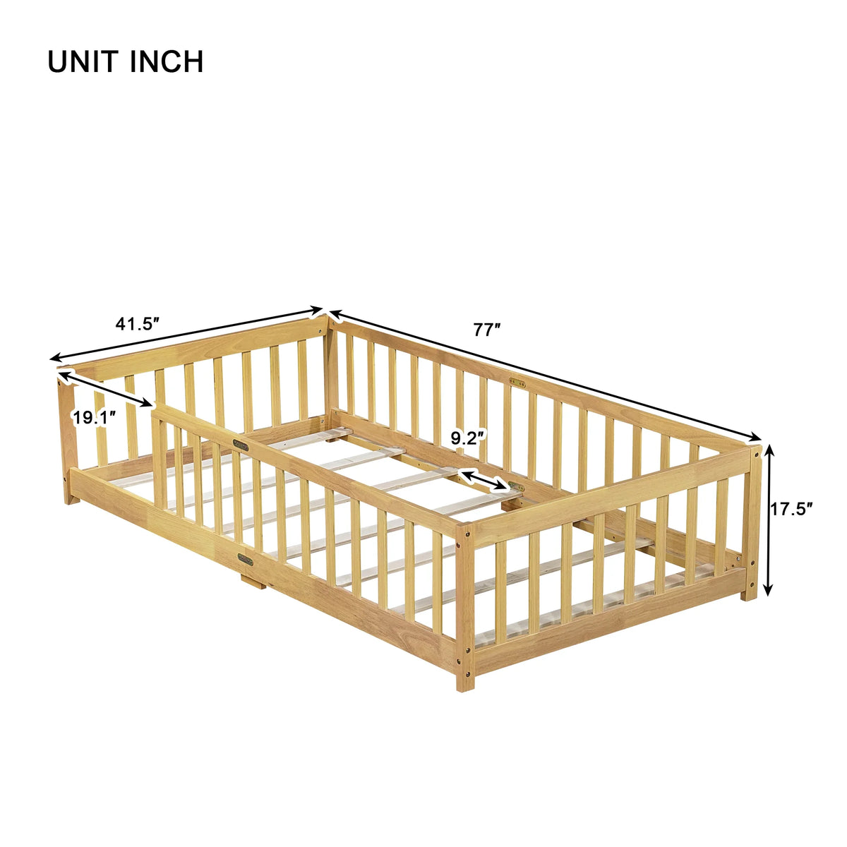 Miniyam Wooden Twin Size Floor Bed with Safety Fence for Kids, Natural