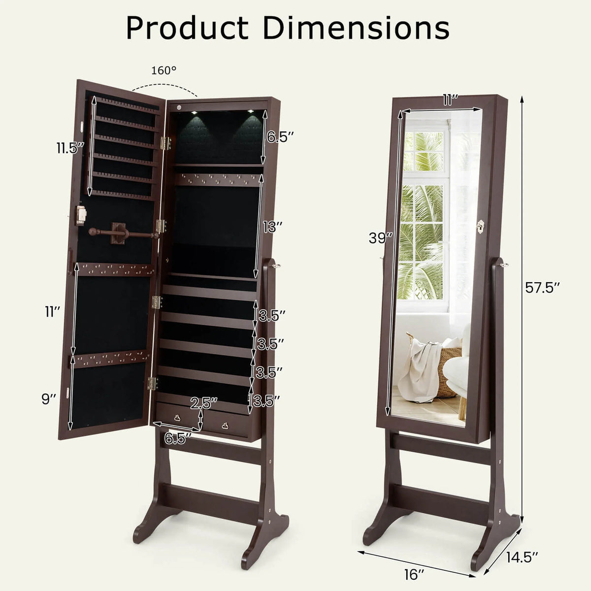 Costway Contemporary MDF Jewelry Cabinet with LED Lights in Brown