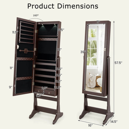 Costway Contemporary MDF Jewelry Cabinet with LED Lights in Brown