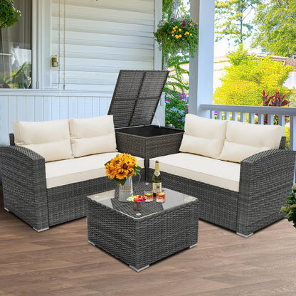 SEGMART 4 Piece Patio Furniture Set, All-Weather Outdoor Sectional Sofa Set, PE Rattan Conversation Set with Storage Box, Table & Cushions, Wicker Furniture Couch Set for Patio Deck Garden