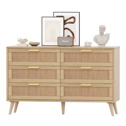 Rovaurx 6 Drawer Double Dresser Chest, Bedroom Chest of Dressers, Rattan Beside Table, Natural