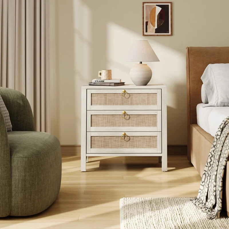 Surmoby Oak Boho 3-Drawer Nightstand Set of 2 - Extra Wide Storage Night Stand with Gold Handles Large&Tall Bed Side Table for Bedroom Living Room Enterway