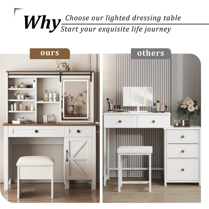 Montary Modern Mini Vanity w/Adjustable LED Mirror + Hidden Storage, Padded Stool & Dustproof Shelves (White)