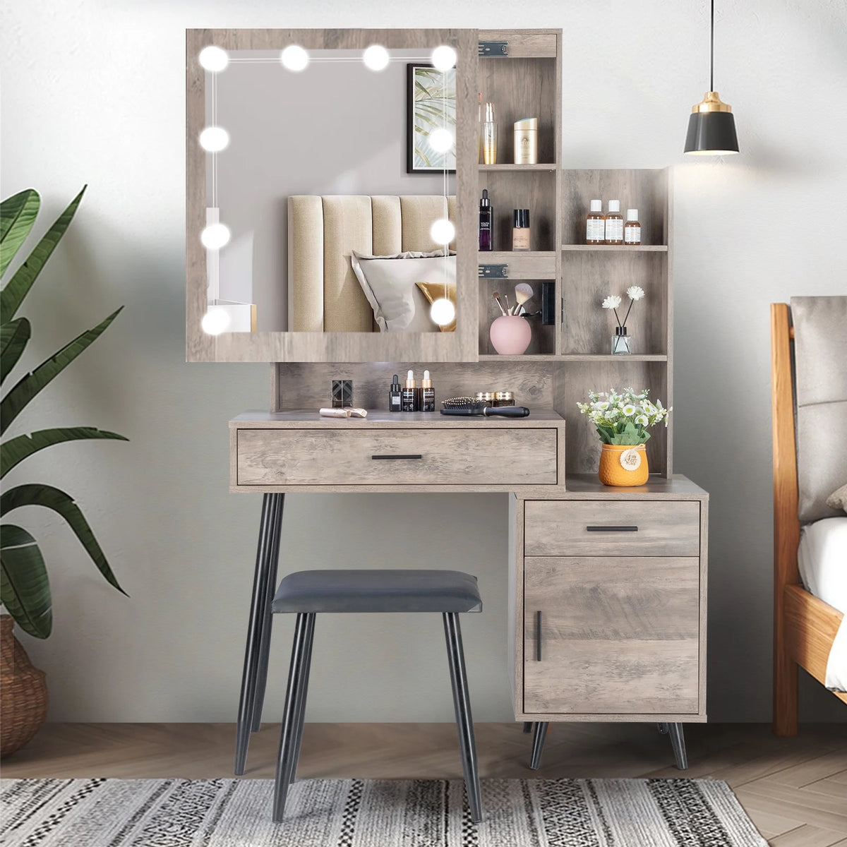 Kadyn Vanity Desk with Lighted Mirror, Vanity Table and Chair Set with 2 Drawers, Dressing Table Makeup Desk with 1 Door, Retro Gray