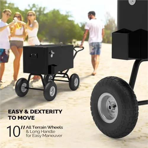 80 Quart Wagon Rolling Cooler Ice Chest, /Long Handle and 10" Wheels, Portable Beach Patio Party Bar Cold Drink Beverage, Outdoor Park Cart on Wheels