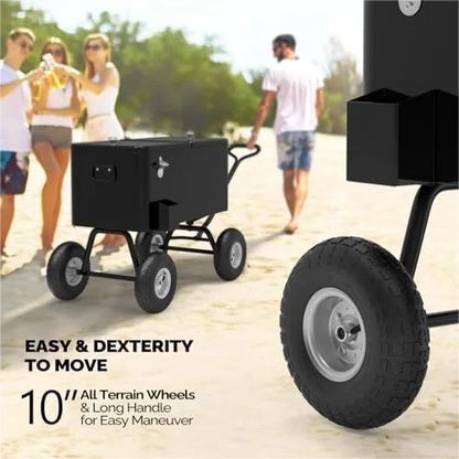 80 Quart Wagon Rolling Cooler Ice Chest, /Long Handle and 10" Wheels, Portable Beach Patio Party Bar Cold Drink Beverage, Outdoor Park Cart on Wheels