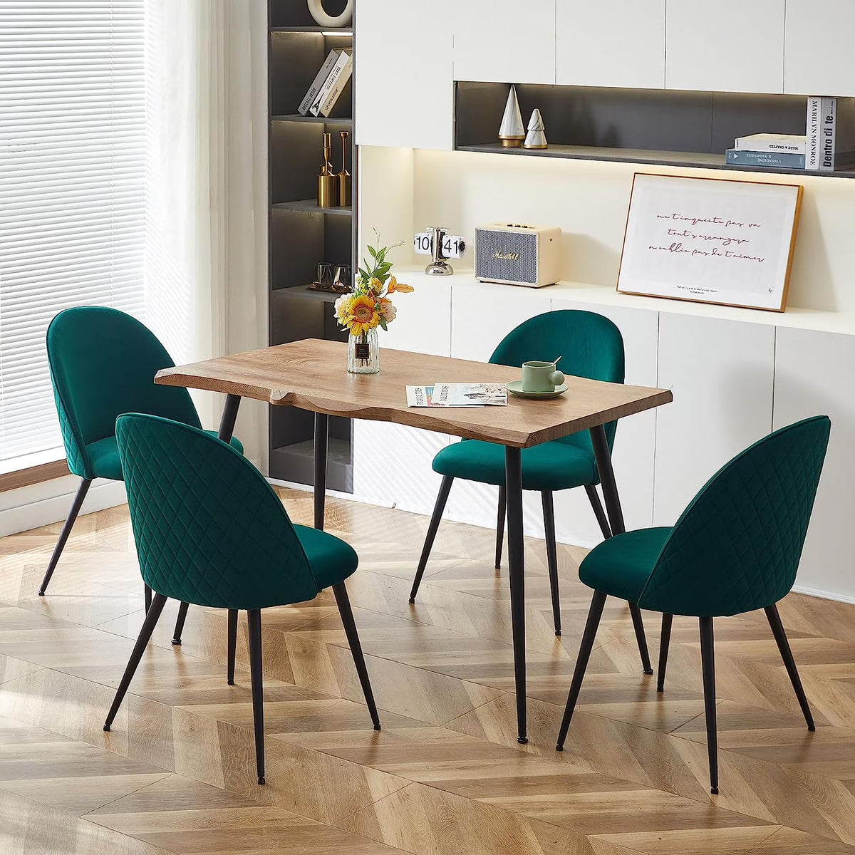 NORDICANA Dining Table Set for 4,Stylish Table with Strong Metal Legs & Modern Dining Chair Armlss Beautiful Home Chair Indoor Velvet Accent Chair with High Back Design,Perfect for Dining Room