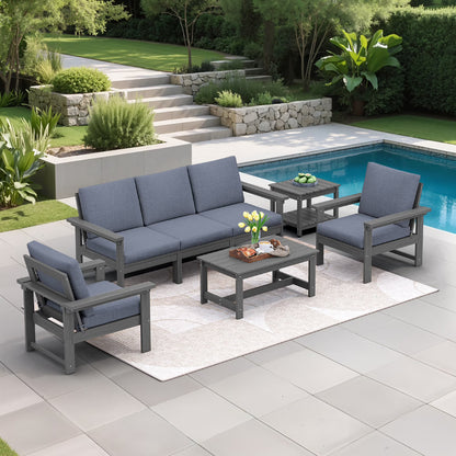 SERWALL Outdoor Patio Furniture Set, 7-Piece HDPE Outdoor Sofa Set Patio Conversation Set, Black Frame with Beige Cushions