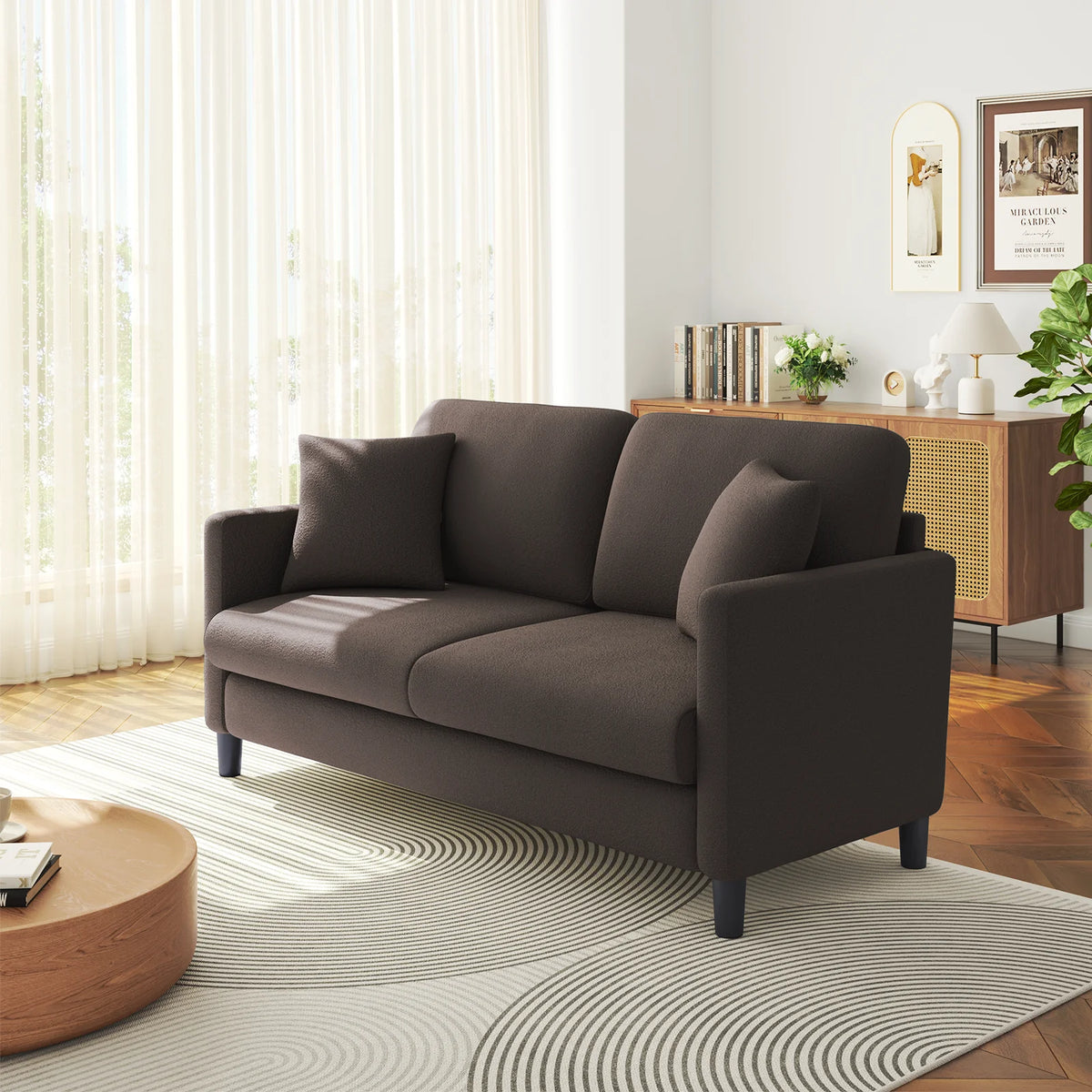 Loveseat Sofa,65" Comfy Teddy Fleece Love Seat Couch,Neche Extra Deep Seats Sofas,Tool-Free Setup Couch with 2 Pillows for Living Room,Coffee Brown