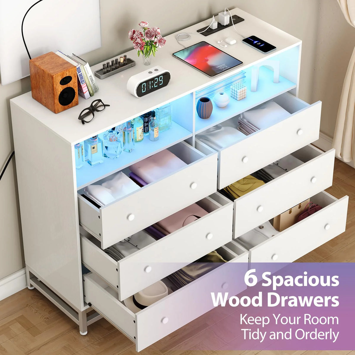 Homhougo Dresser for Bedroom 6 Drawer with LED Light & Charging Station, Wooden Dressers and Chests of Drawers with 2-Tier Open Shelves, Wide Dresser Organizer for Living Room Hallway Entryway, Pink