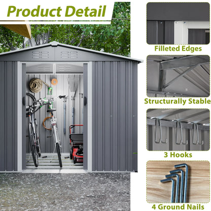 LZBEITEM 10 x 10 ft Outdoor Storage Shed with Floor Frame Kit, Galvanized Steel Garden Sheds, Garden Tool Shed with Double Lockable Doors for Backyard Patio Lawn, Grey