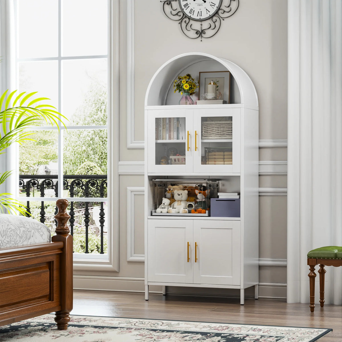 SUPEER Metal Arched Storage Display Cabinet with Glass Doors and Adjustable Shelves, Lockable Cabinet, Assembly Required, Black