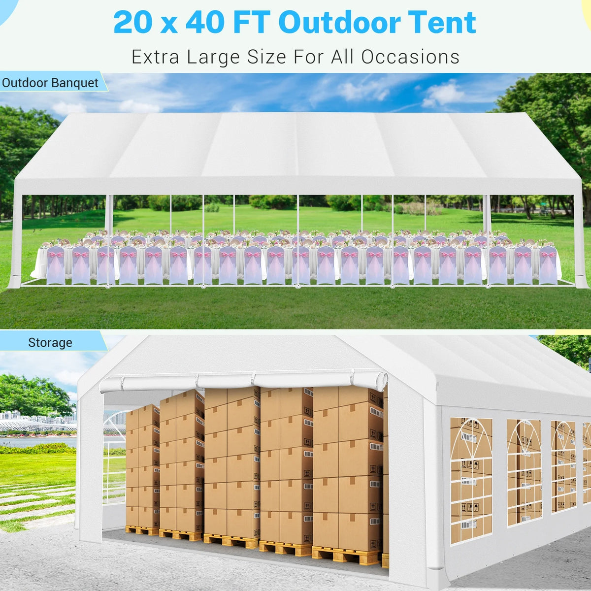 COBIZI 20'x 40' Large Heavy Duty Outdoor Canopy Party Tent & Carport, Upgraded Wedding Event Shelter Gazebo with 8 Removable Sidewalls, Big Tent for Birthday Party, Outdoor Event, Wedding, White