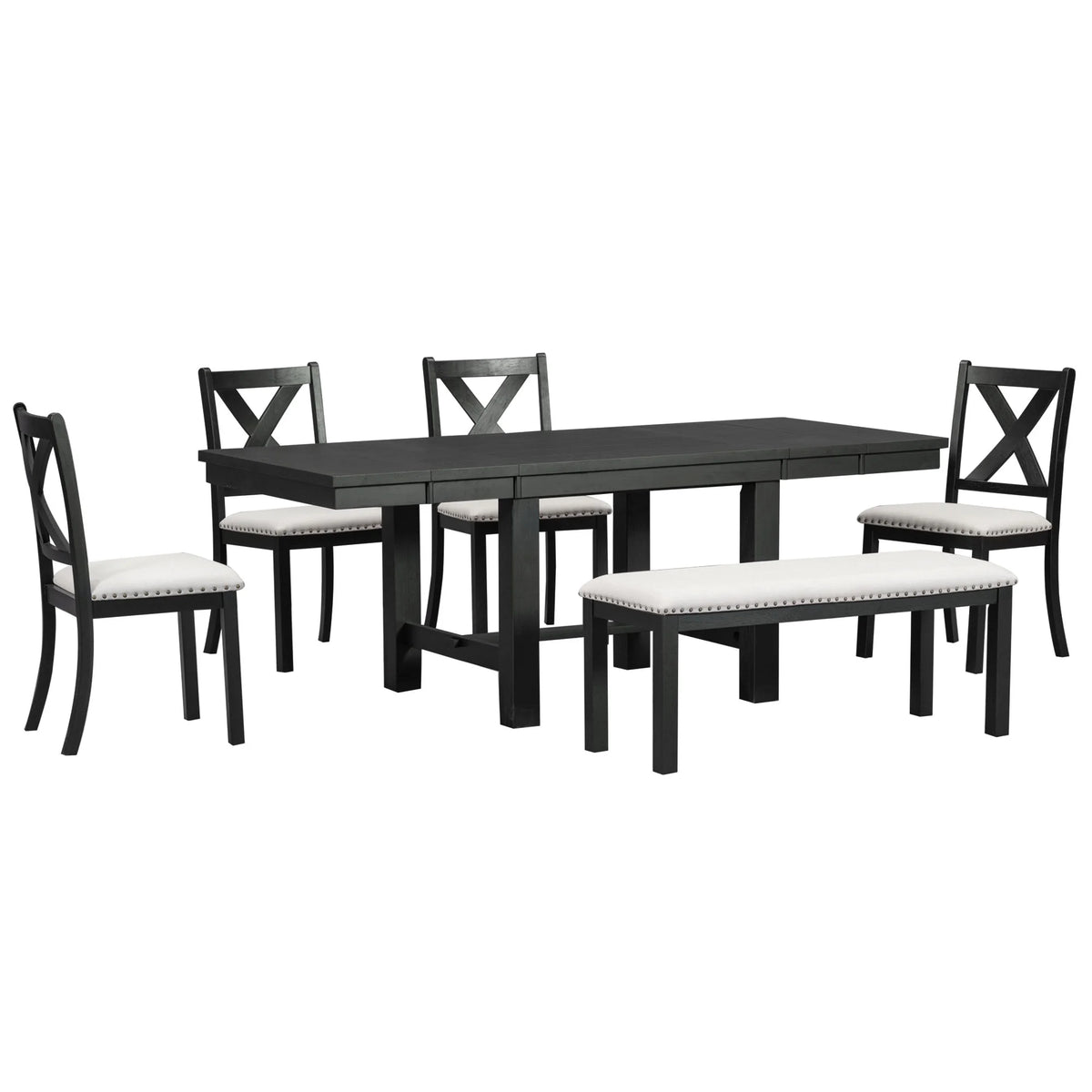 6 Piece Extendable Dining Table Set, Atumon Wood Dining Room Set for 6, Dining Table Set with 4 Beige Cushioned Chairs and Bench, Farmhouse Dining Table Set Furniture for Kitchen Dining Room, Natural