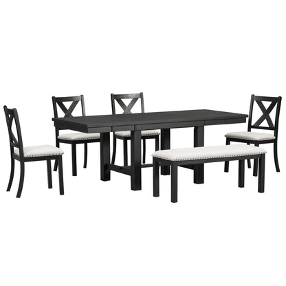 6 Piece Extendable Dining Table Set, Atumon Wood Dining Room Set for 6, Dining Table Set with 4 Beige Cushioned Chairs and Bench, Farmhouse Dining Table Set Furniture for Kitchen Dining Room, Natural
