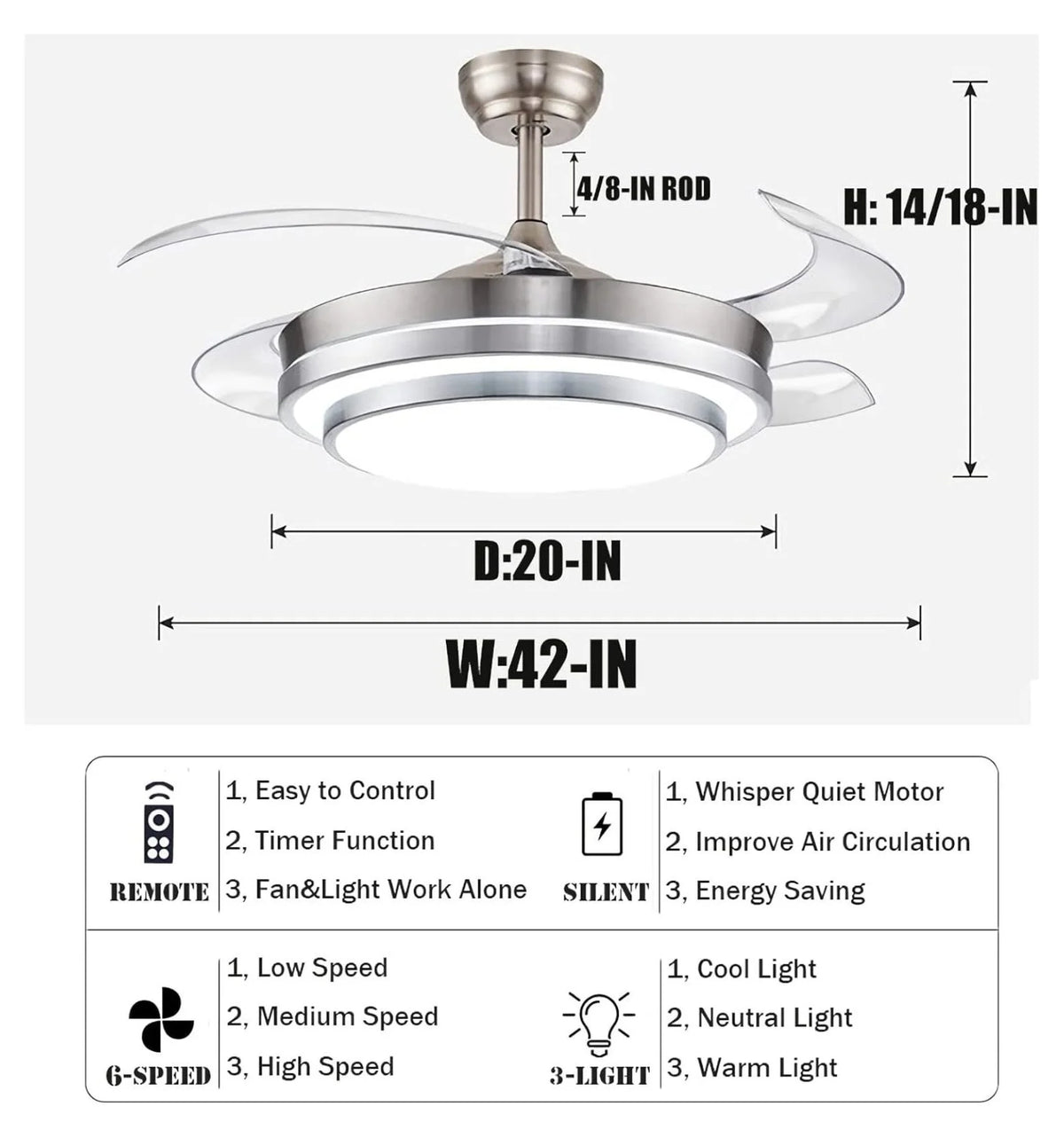 XylehR 42" Modern Ceiling Light with Fans Control, 4 Retractable Blades with 3 Light Color Change Ceiling Fan for Living Bedroom Restaurant, Silver Color with Silent Motor (42In-1 Update)