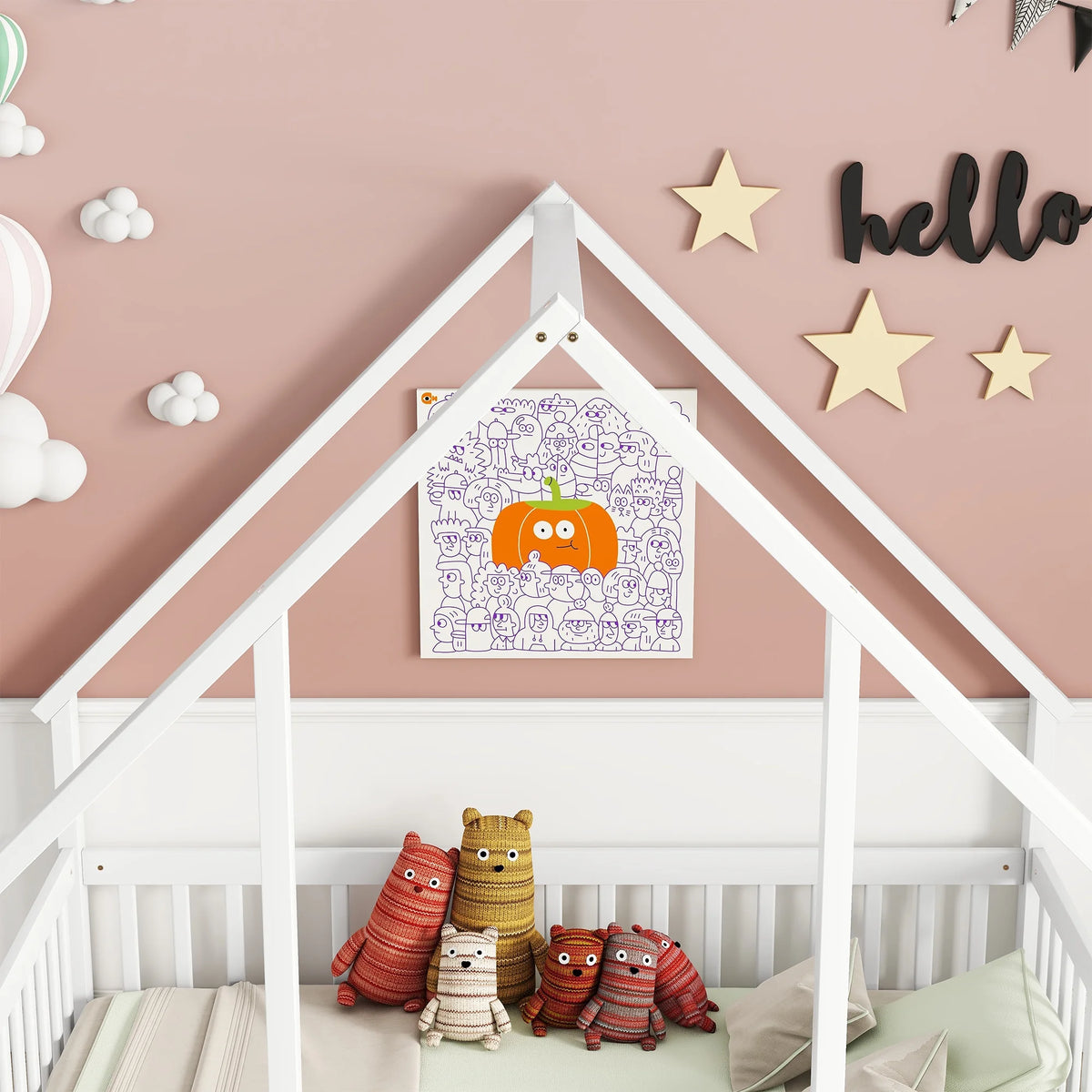 Bellemave Twin Size Floor Bed Frame, Wooden House Bed Twin Size with Fence, Montessori Bed with Guardrails for Bedroom (White)