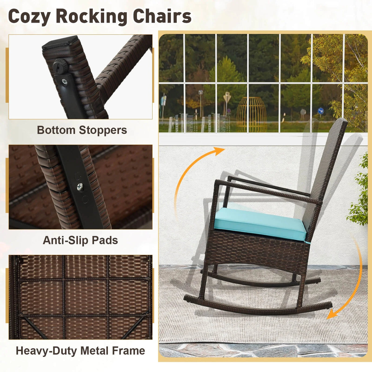 Costway Serenity 3 Piece Patio Rocking Wicker Rockers with White Cushions 2 Tier Coffee Table