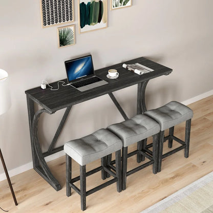 YINGYING 4 Piece Industrial Bar Table Set with Power Outlet, Bar Table and Chairs Set, Dining Table Set, Breakfast Table Set, for Living Room, Dining Room, Game Room