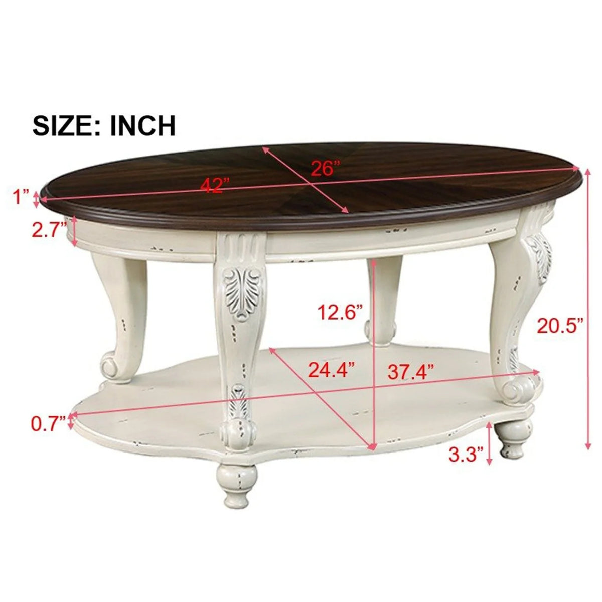 42" Oval Coffee Table with Storage Shelf, 2-Tier Solid Wood Cocktail Tea Table, Traditional Retro Center Table for Living Room, Bearing 400LBS, Cherry