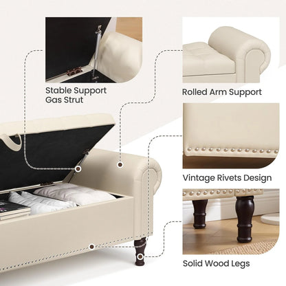Gelloan Storage Ottoman Bench for Bedroom,Upholstered Bedroom Bench with Rolled Arms and Rivets, Storage Chest for Living Room,Grey,51 Inches