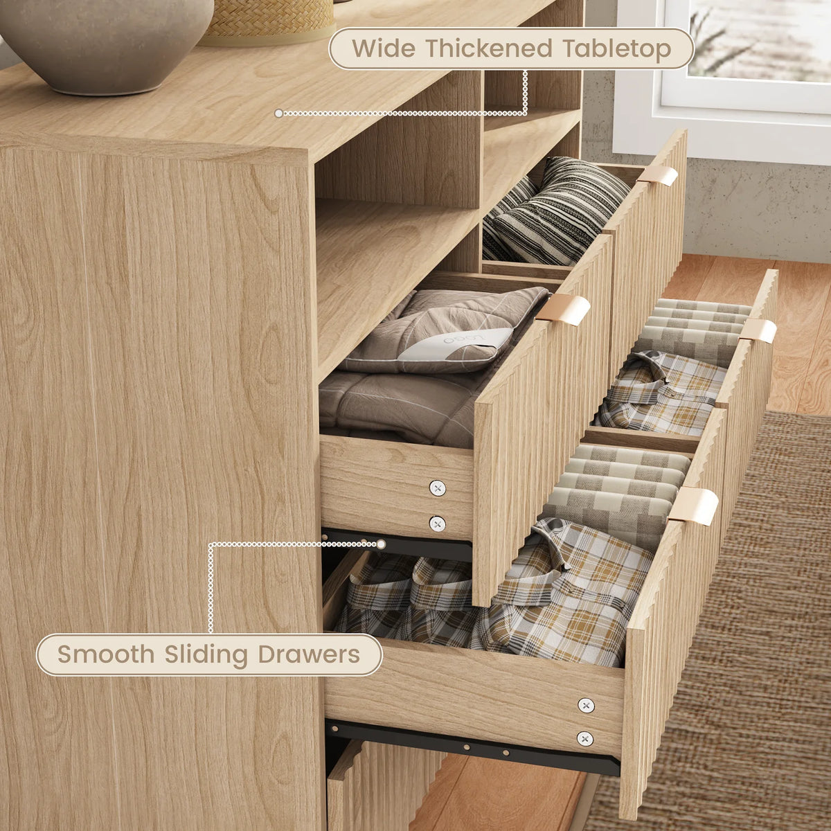 MELLCOM 6 Drawers Dressers, 45" Fluted Chest of Drawers, Wood Drawer Storage Organizer, with Metal Handle, for Bedroom, Living Room, Natural Oak