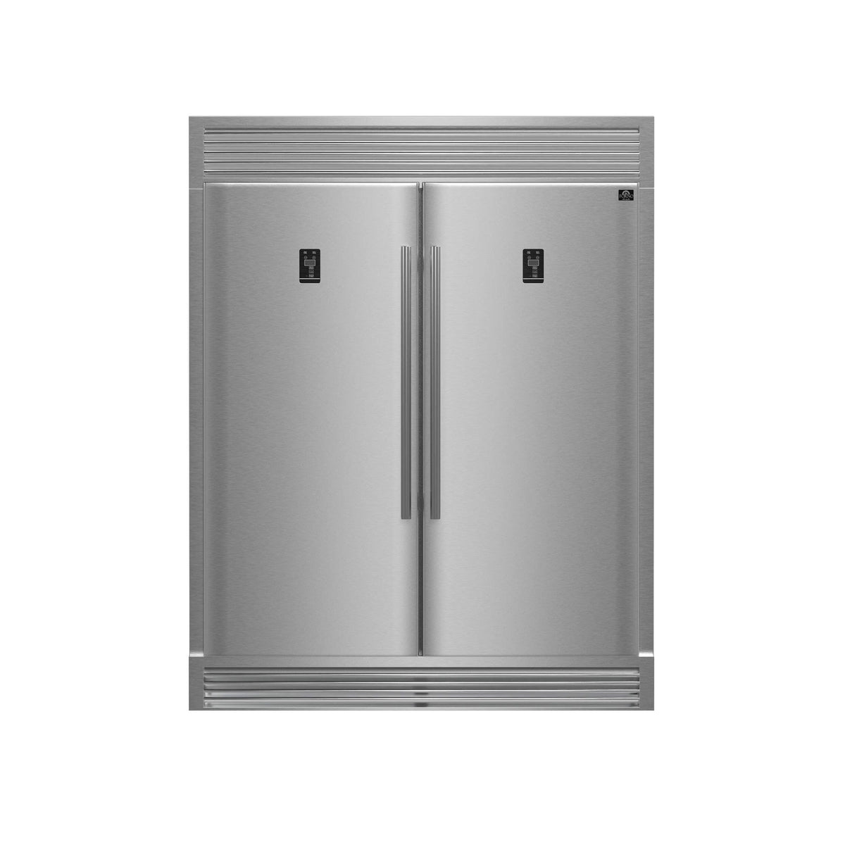 FORNO Premium 3-Piece Kitchen Bundle - FORNO Galiano 48" Freestanding Dual Fuel Range, FORNO Rizzuto 60" W. Dual Combo Convertible Refrigerator, FORNO 48" Wall Mount Range Hood - FBDL-017-02US