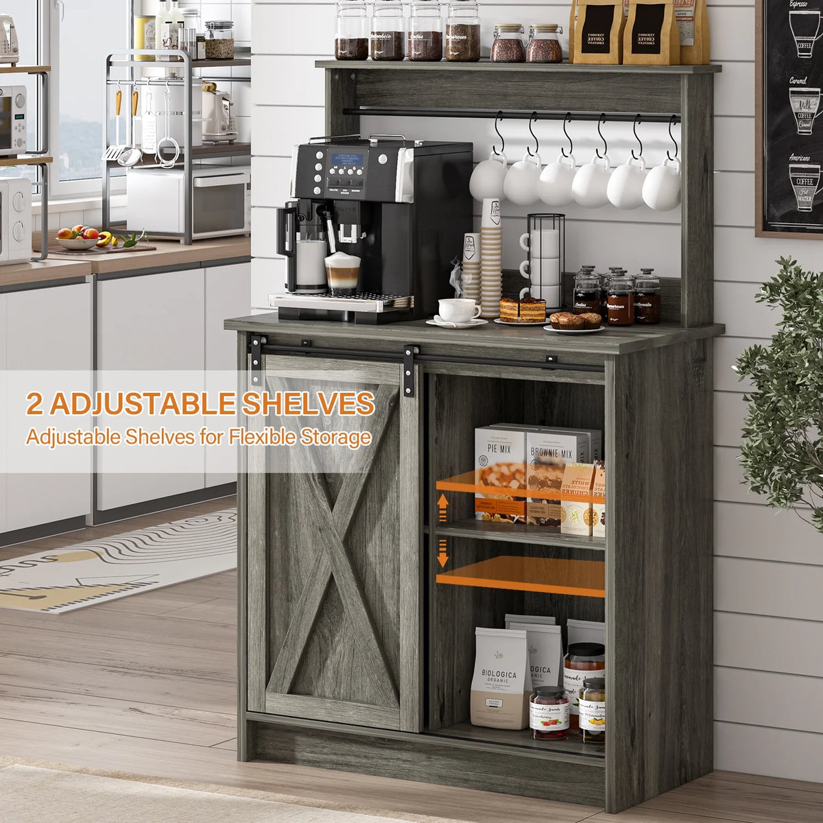 Catrimown Coffee Bar Cabinet, Barn Door Sideboard Buffet Cabinet with Storage, White