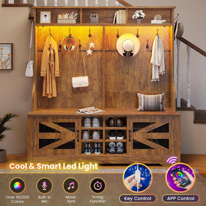 Hall Tree with Coat Rack and 16 Shoe Cubbies, 5-in-1 Entryway Bench with Bench and Shoe Storage, Barn Door & Adjustable Shelf, Embossed White