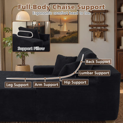 Ovios 67'' Oversized Chaise Lounge Chair Indoor Cloud Plush Corduroy Floor Sofa Bed Deep Seat No Assembly Couch for Living Room, Black