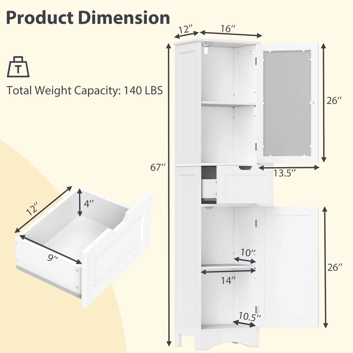 Costway Tall Bathroom Cabinet with Adjustable Shelves Deep Drawer for Living Room Black