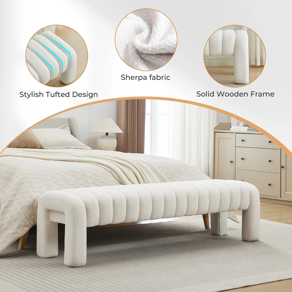 Zesthouse 63�� End of Bed Bench, Linen Tufted Upholstered Ottoman Bench with Padded Seat and Solid Wood Leg, Modern Entryway Bench for Bedroom, Living Room, Beige