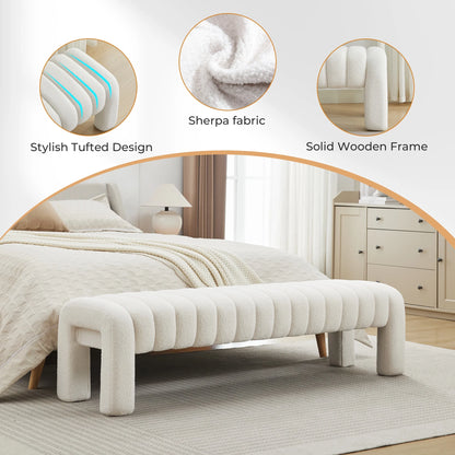 Zesthouse 63�� End of Bed Bench, Linen Tufted Upholstered Ottoman Bench with Padded Seat and Solid Wood Leg, Modern Entryway Bench for Bedroom, Living Room, Beige