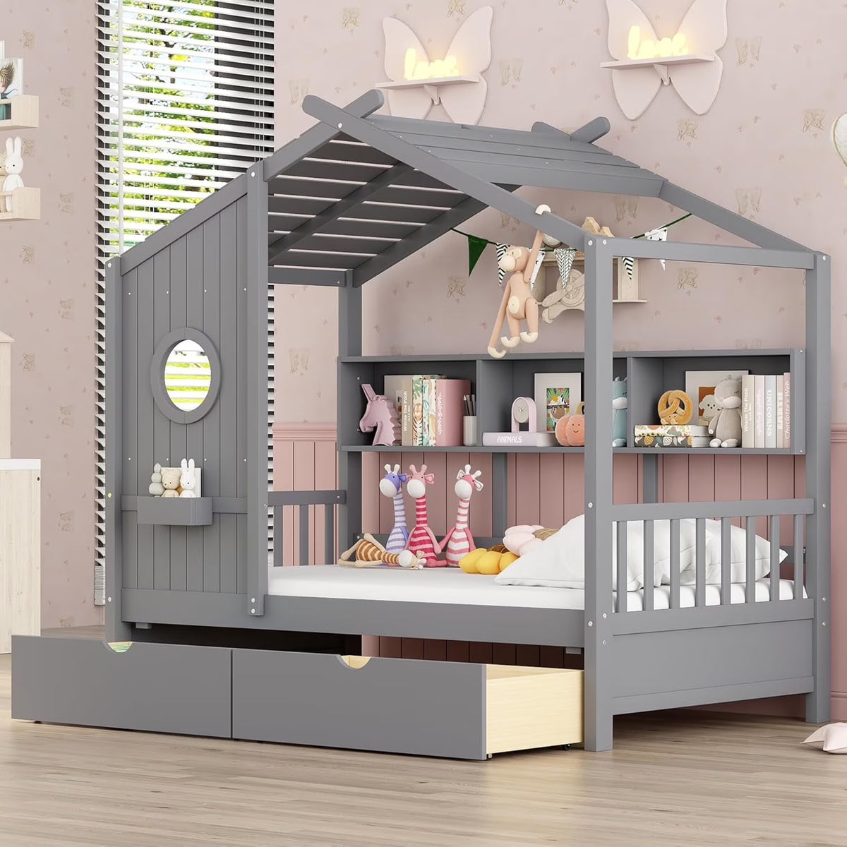Bellemave House Bed with 2 Drawers and Storage Shelves, Wood Full Size Montessori Bed Frame with Roof and Window, Playhouse Bed for Bedroom (White)