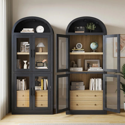 Arched Kitchen Pantry Storage Cabinet with 2 Drawers, 71-Inch Tall Farmhouse Wood Bookcase with 4 Doors for Kitchen Dining Room Bathroom