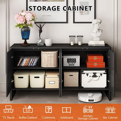 Wirrytor Sideboard Storage Cabinet with Doors and Shelves, Buffet Cabinet with Storage, Credenza Storage Cabinet for Kitchen, Wooden Fluted Cabinet, Under TV Cabinet with Storage - Black