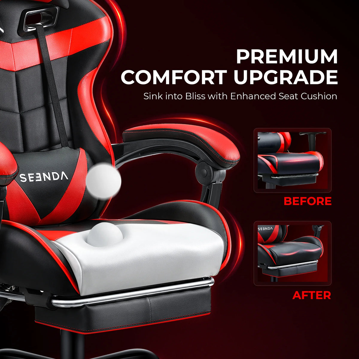 Gaming Chair, Seenda Video Game Chair with Footrest and Lumbar Support, Ergonomic Computer Chair Height Adjustable with Swivel Seat and Headrest, Red