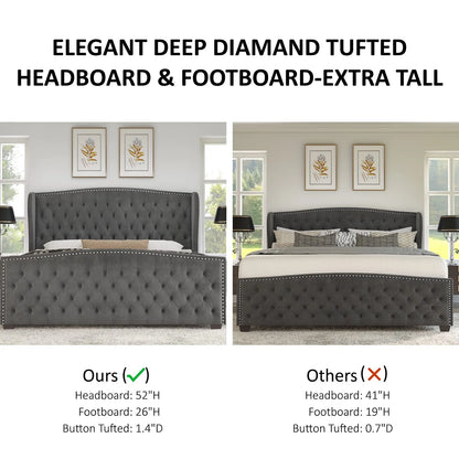 VANACC Queen Size Bed Frame, Velvet Upholstered Bed with Deep Button Tufted Wingback Headboard��Grey