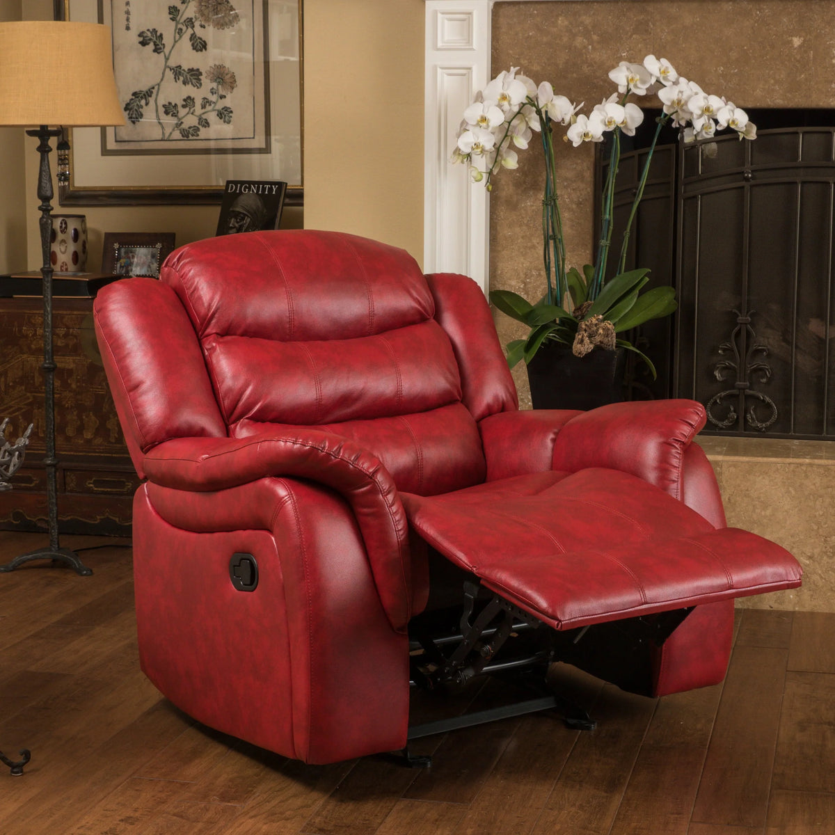 Noble House Haden Faux Leather Glider Recliner, Red