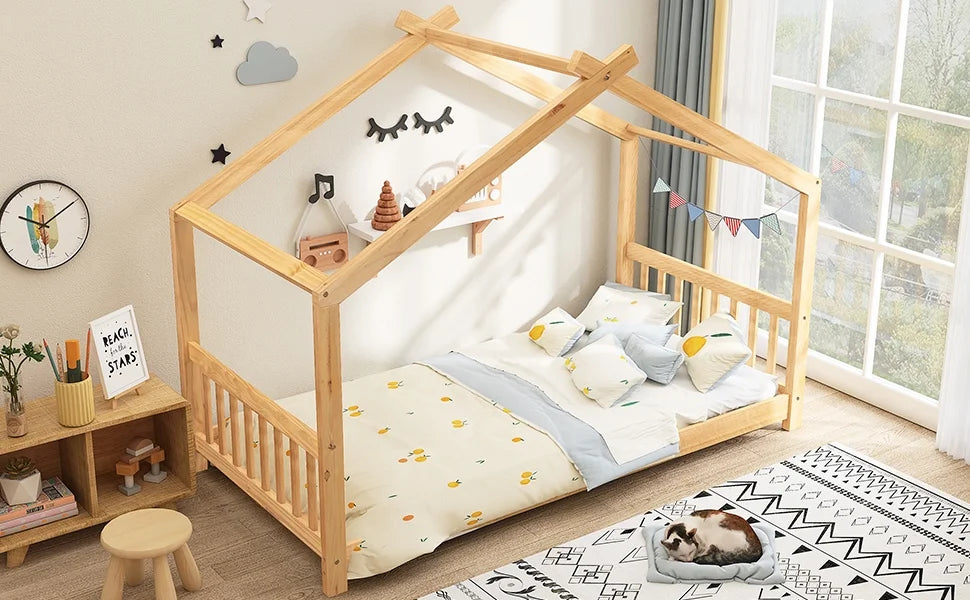 Euroco Wood House-Shaped Twin Platform Bed for Kids, Low Profile House Bed, No Box Spring Needed, Wood Color