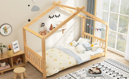 Euroco Wood House-Shaped Twin Platform Bed for Kids, Low Profile House Bed, No Box Spring Needed, Wood Color