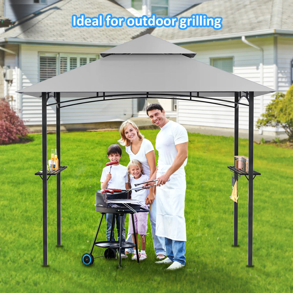 GVDV 8'x 5' Grill Gazebo Canopy, Outdoor BBQ Gazebo Shelter with 2 Side Shelves & Double-Tiered Top