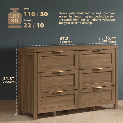 ARKANTOS Wooden 6 Drawer Double Dressers, Wide Chests of Drawers for Bedroom, Natural Oak